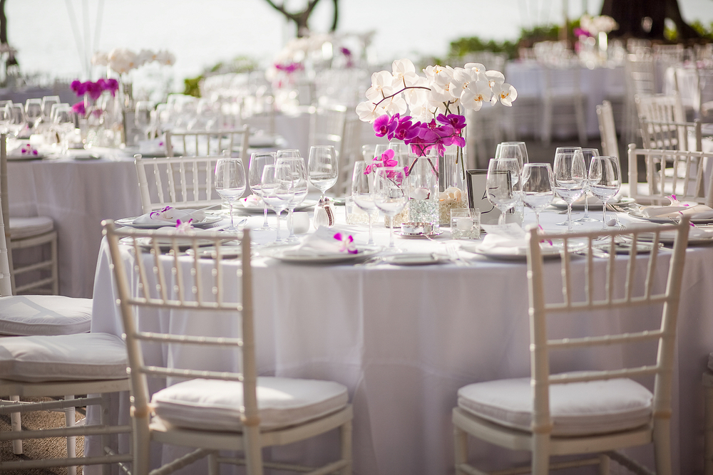 wedding venue and planning in williamsburg virginia, white reception tables with pink flower arrangement